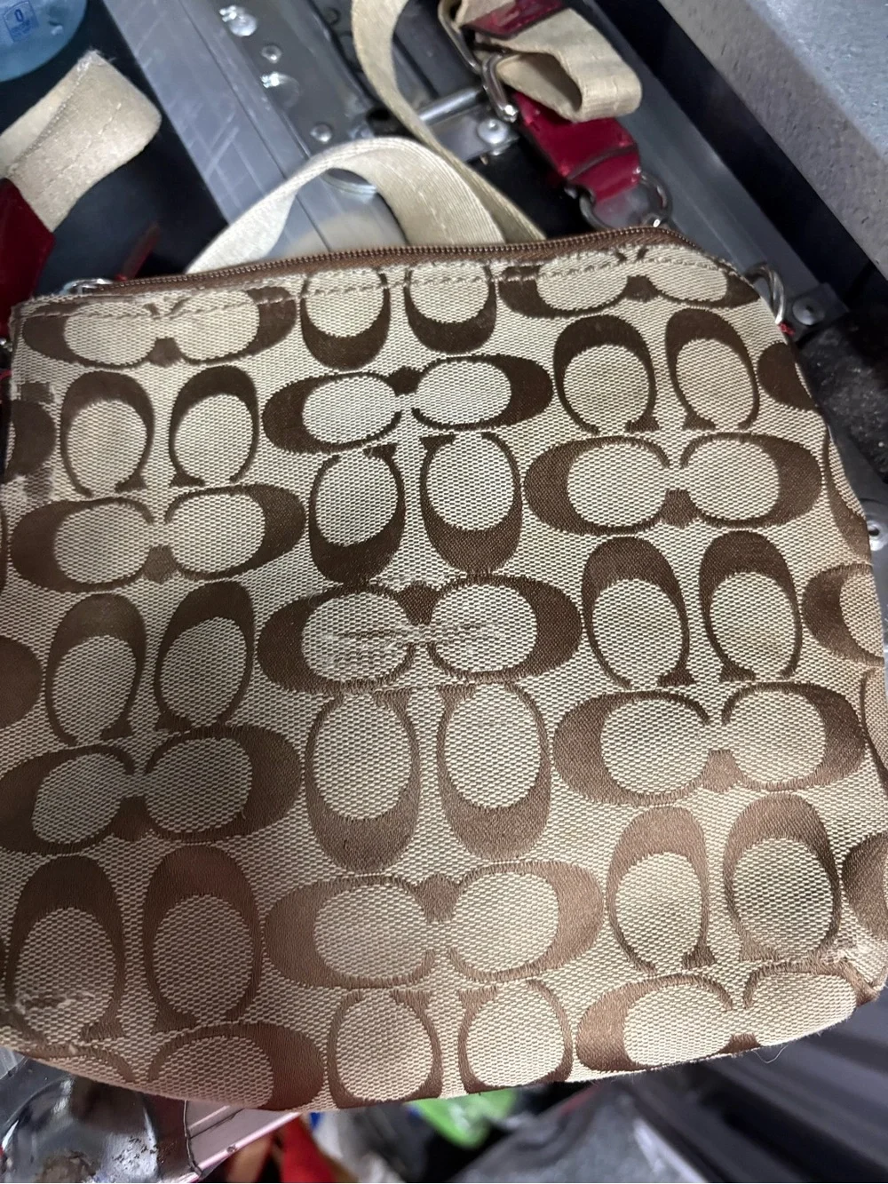 Coach Tan Signature Canvas Crossbody with Red Trim